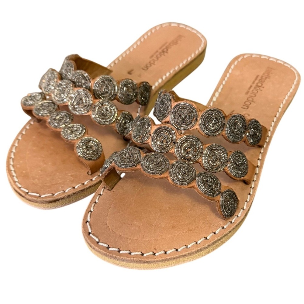 Beaded Slip On Sandals Flat Women‎ Size 37 Laidback London Leather Embellished
